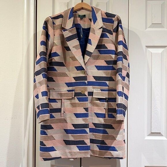 C. Wonder Christian Siriano Geometric Embroidered Knee Length Blazer Coat Jacket - Picture 4 of 12